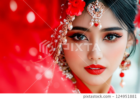 A woman in a red dress with a flower in her hair 124951881