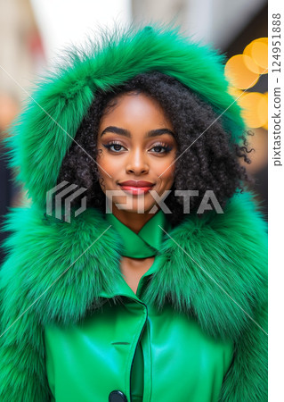 A woman wearing a green coat with a fur hood A woman wearing a green coat with a fur hood 124951888
