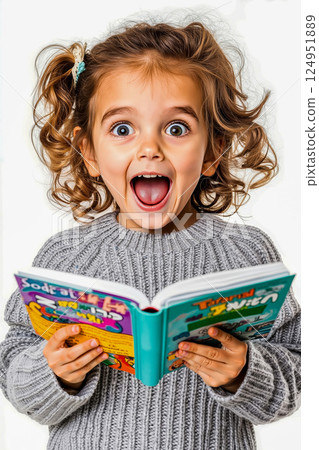 A little girl is reading a book with her mouth open 124951889