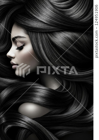 A woman with long black hair is shown with her eyes closed 124951906
