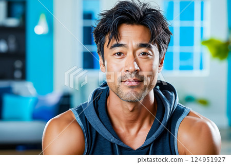 A man in a gray tank top sitting on a couch 124951927