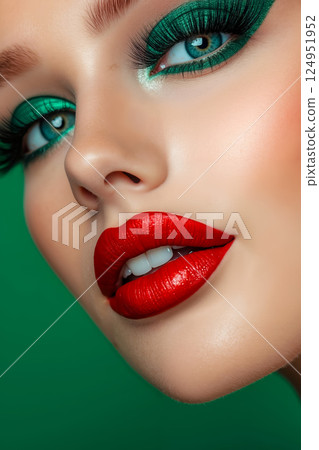 A woman with bright green eyes and red lipstick A woman with bright green eyes and red lipstick 124951952