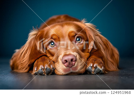 A brown dog laying down on the floor with its head resting on its paws 124951968