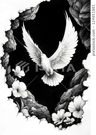 A black and white drawing of a white dove flying through a hole in a rock 124951981