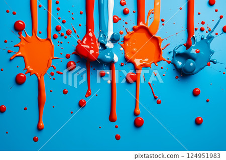 A group of red, white and blue paint splatters on a blue background A group of red, white and blue paint splatters on a blue background 124951983