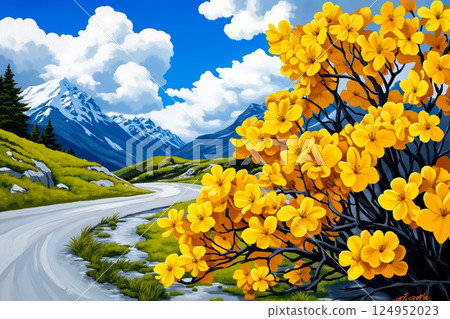 A painting of a dirt road with yellow flowers in the foreground 124952023