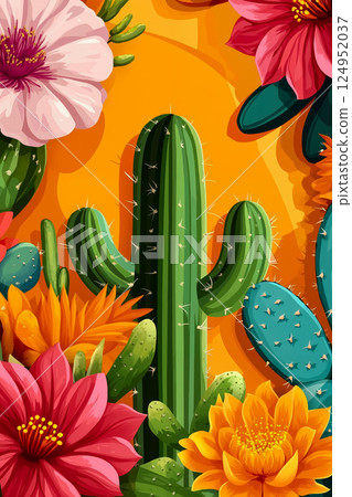 A cactus and flowers on an orange background A cactus and flowers on an orange background 124952037