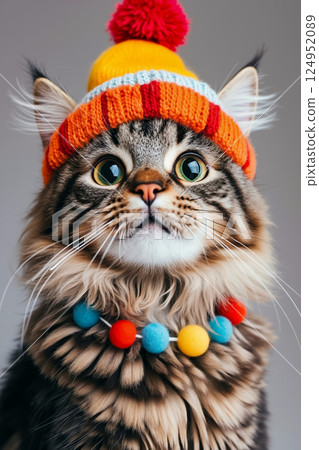 A cat wearing a knitted hat with a colorful necklace around its neck 124952089