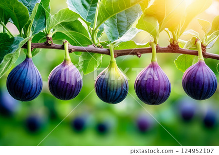 A bunch of ripe figs hanging from a tree branch 124952107