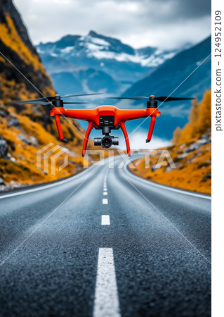 A red drone flying over a road with mountains in the background 124952109
