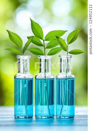 Three test tubes filled with blue liquid and green leaves Three test tubes filled with blue liquid and green leaves 124952112