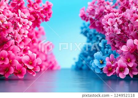 A bunch of pink and blue flowers sitting on top of a table 124952118