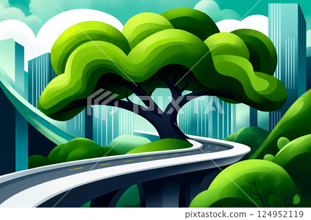 A cartoon tree in the middle of a city with a road going through it 124952119