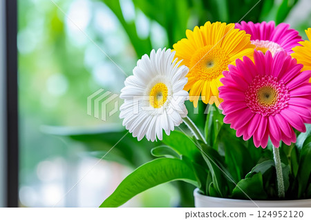 A bunch of colorful flowers in a white vase on a window sill 124952120