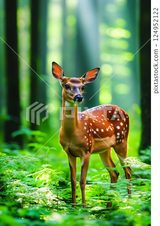 A fawn standing in the middle of a lush green forest 124952122
