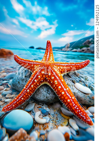 A starfish sitting on top of a rock on a beach 124952125