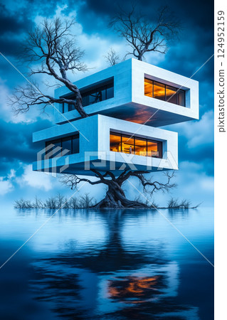 A house on a tree in the middle of a body of water A house on a tree in the middle of a body of water 124952159