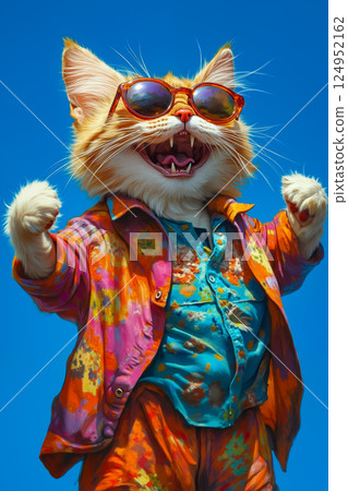 A painting of a cat wearing sunglasses and a colorful shirt 124952162