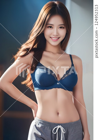 Woman in grey shorts and blue bra Woman in grey shorts and blue bra 124952313