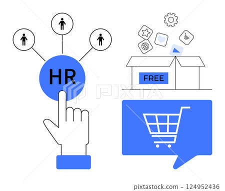 Hand pointing to HR button, connected to user icons, next to free product box and shopping cart icon. Ideal for HR management, e-commerce, teamwork, digital services, business strategies, online 124952436