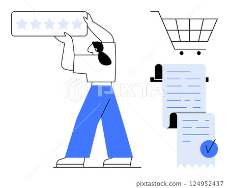 A person holding a five-star rating beside a shopping cart and a receipt with a checkmark. Ideal for themes such as e-commerce, customer service, satisfaction, online shopping, and reviews. Simple A person holding a five-star rating beside a shopping cart and a receipt with a checkmark. Ideal for themes such as e-commerce, customer service, satisfaction, online shopping, and reviews. Simple 124952437