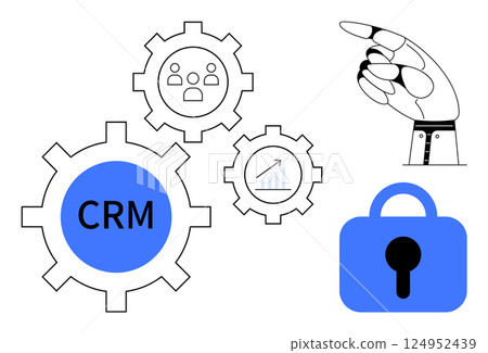 Gears represent CRM and data, robotic hand signifies technology, graph indicates growth, and lock symbolizes security. Ideal for technology, security, CRM systems, data management, automation. Simple 124952439