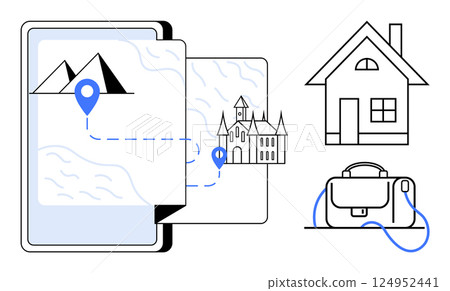 Digital map with route from mountains to a castle, displayed on a tablet. Nearby is a modern house and a travel bag. Ideal for travel apps, navigation services, tourism campaigns, home rentals 124952441