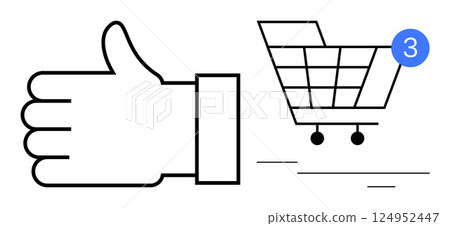 Thumbs up hand gesture next to a shopping cart with three items notification. Ideal for e-commerce, online shopping, digital retail, customer satisfaction, mobile apps, web design, UXUI. Line 124952447
