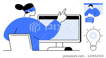 Woman wearing VR headset interacting with a computer screen while a cash back offer displays. Ideal for online shopping, cash back rewards, digital marketing, VR technology, and innovative ideas 124952450