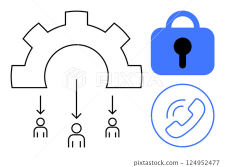 Gear distributing tasks to team members with a padlock symbol and a phone icon. Ideal for team management, communication, security, workflow, technology representation. Simple line style Gear distributing tasks to team members with a padlock symbol and a phone icon. Ideal for team management, communication, security, workflow, technology representation. Simple line style 124952477