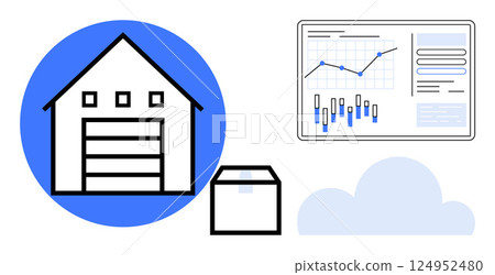 Warehouse building, storage box, and analytics dashboard with charts and graphs. Ideal for logistics, inventory control, supply chain management, warehousing, e-commerce, data tracking, cloud Warehouse building, storage box, and analytics dashboard with charts and graphs. Ideal for logistics, inventory control, supply chain management, warehousing, e-commerce, data tracking, cloud 124952480