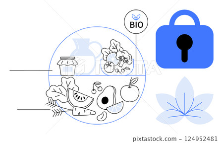 Various fruits and vegetables in a stylized circle with a bio label, and a lock symbol representing security. Ideal for organic food, health, safety, sustainability, and nutrition themes. Simple line Various fruits and vegetables in a stylized circle with a bio label, and a lock symbol representing security. Ideal for organic food, health, safety, sustainability, and nutrition themes. Simple line 124952481