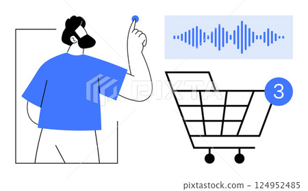 Man uses voice command represented by waveform to interact with shopping cart displaying three notifications. Ideal for e-commerce, technology, online shopping, digital interfaces, voice commands 124952485