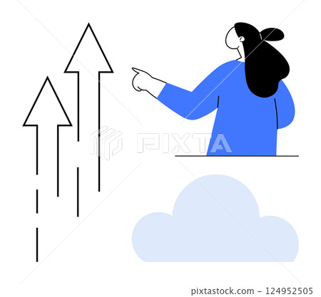 Person pointing at upward arrows beside a cloud in a minimalistic style. Ideal for business growth, cloud technology, digital transformation, career advancement, and success motivation Person pointing at upward arrows beside a cloud in a minimalistic style. Ideal for business growth, cloud technology, digital transformation, career advancement, and success motivation 124952505