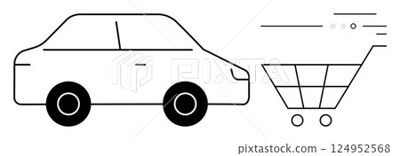 Car and shopping cart with speed lines suggesting quick shopping and delivery. Ideal for e-commerce, logistics, online shopping, delivery services, consumer goods, transportation, innovation. Line 124952568