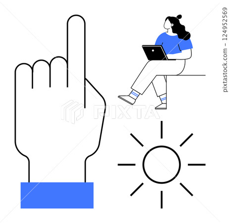 Woman sitting with laptop, large pointing hand gesture, and sun icon. Ideal for digital learning, remote work, tech tutorials, productivity, outdoor activities, guidance, positivity. Line metaphor 124952569