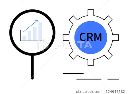 Magnifying glass showing upward graph next to blue gear with CRM text. Ideal for SEO, business strategy, marketing, customer relationship management, technology, data analysis. Banner for landing Magnifying glass showing upward graph next to blue gear with CRM text. Ideal for SEO, business strategy, marketing, customer relationship management, technology, data analysis. Banner for landing 124952582