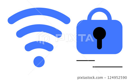 wireless symbol and a lock icon representing network security. Ideal for technology, wireless communication, security, internet access, and data protection themes. Flat design style. Blue and white 124952590