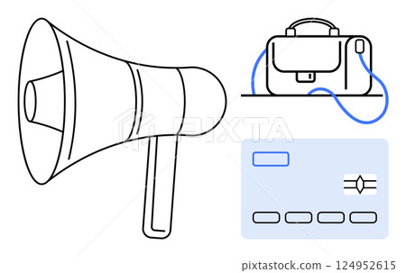 Loudspeaker, briefcase, and credit card outline symbols with blue accents. Ideal for marketing, business finance, advertising, communication, corporate strategy, presentations. Line metaphor 124952615