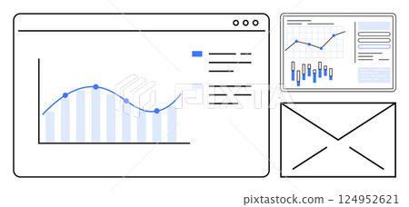 Business analytics dashboard containing graphs and data charts alongside an email envelope icon. Ideal for data analysis, business reporting, email marketing, financial review, market research 124952621