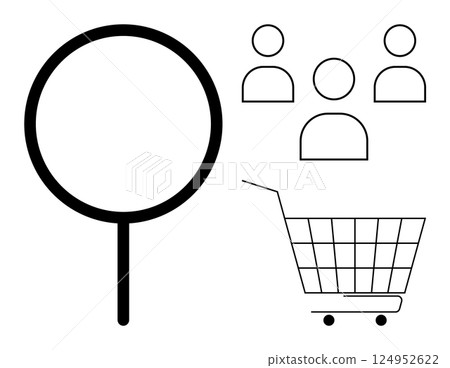 Magnifying glass and shopping cart. Three human icons above the cart. Ideal for market research, e-commerce, customer analysis, online shopping, retail business. Simple line art style 124952622