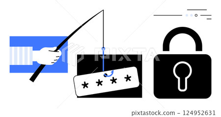 Hand holding fishing rod with password symbol, sleek black padlock, lines indicating activity. Ideal for cybersecurity, online protection, phishing awareness, data security, information safety Hand holding fishing rod with password symbol, sleek black padlock, lines indicating activity. Ideal for cybersecurity, online protection, phishing awareness, data security, information safety 124952631
