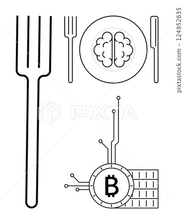 Simplistic depiction of a fork, knife, and a plate with a brain symbol, paired with a Bitcoin symbol and circuit patterns. Ideal for themes of technology, innovation, cryptocurrency, food industry 124952635
