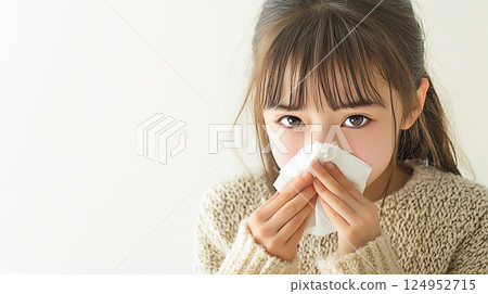 Girl blowing nose with tissue paper 124952715