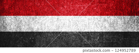 Yemen state flag on a metal surface. Banner of dirty grunge Yemen flag. Yemen state flag on a metal surface. Banner of dirty grunge Yemen flag. 124952789