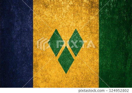 Saint Vincent and the Grenadines state flag on a metal surface. Dirty grunge Saint Vincent and the Grenadines flag. Saint Vincent and the Grenadines state flag on a metal surface. Dirty grunge Saint Vincent and the Grenadines flag. 124952802
