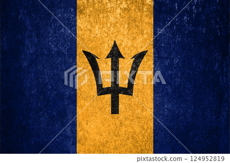 Barbados state flag on a metal surface. Dirty grunge Barbados flag. 124952819