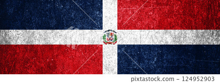 Dominican Republic state flag on a metal surface. Banner of dirty grunge Dominican Republic flag. 124952903