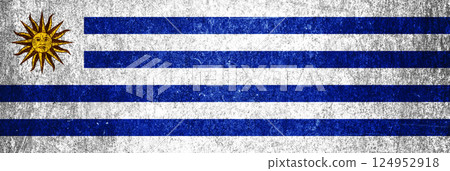 Uruguay state flag on a metal surface. Banner of dirty grunge Uruguay flag. 124952918