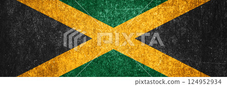 Jamaica state flag on a metal surface. Banner of dirty grunge Jamaica flag. 124952934